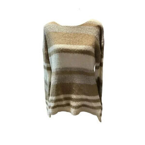 Cynthia Rowley Size M Sequin Accent Striped Tan White Knit Acrylic Blend Sweater